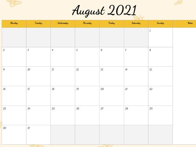 2020-2021 Calendar Happy Bees