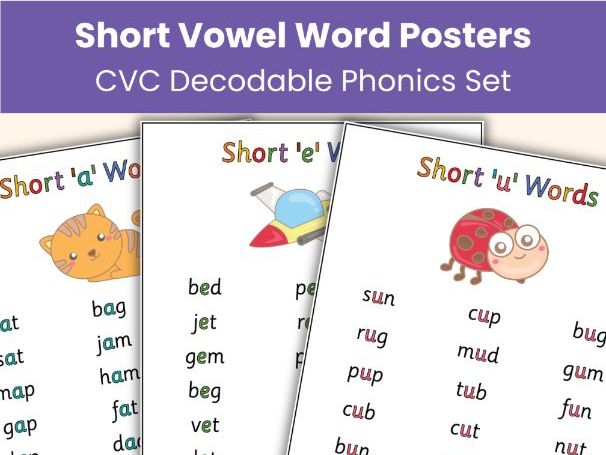 Free Printable CVC Word Posters | Short Vowel Phonics Classroom Display