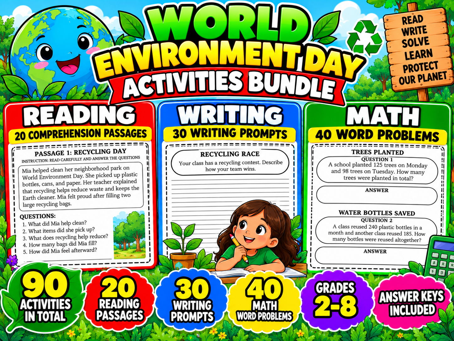 World Environment Day Activities Bundle | Reading Comprehension, Writing Prompts and Math