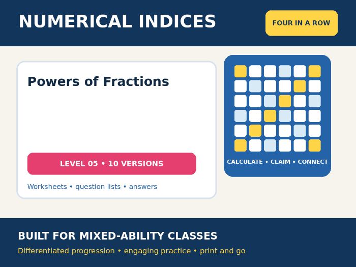 Numerical Indices – Powers of Fractions – Four in a Row – 10 Worksheets + Answers
