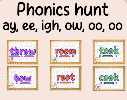 Phonics word hunt- ay, ee, igh, ow, oo- continuous provision