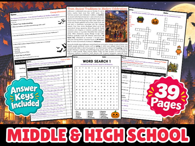 Halloween History Activities - Reading Passage - Puzzles for Middle School