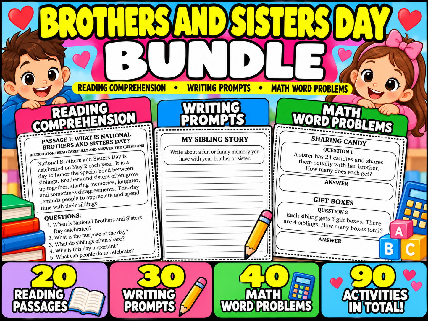 Brothers and Sisters Day Bundle | Reading Comprehension, Writing Prompts and Math