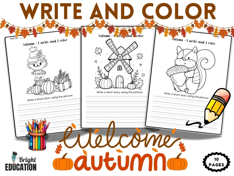 Fall Write and Color Worksheets | Autumn Creative Writing & Coloring Activity