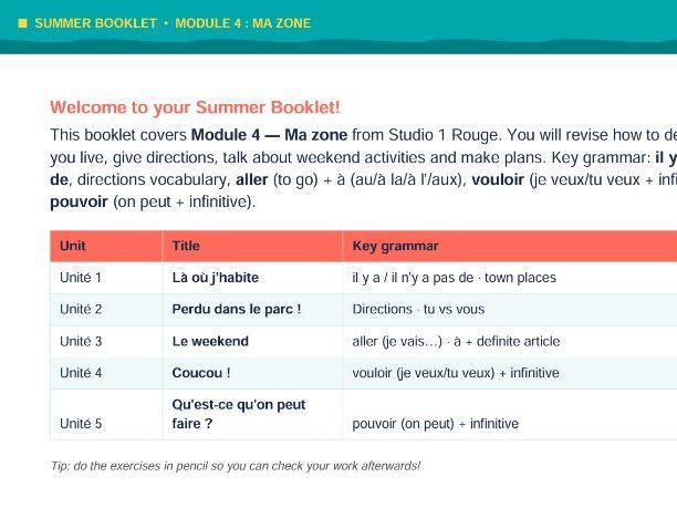 Year 7 KS3 French — Summer Revision Booklet | Studio 1 Rouge | Module 4