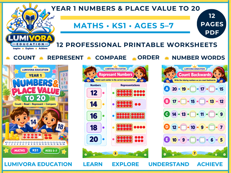 Year 1 Numbers to 20 Worksheets Place Value, One More One Less & Comparing KS1 Maths