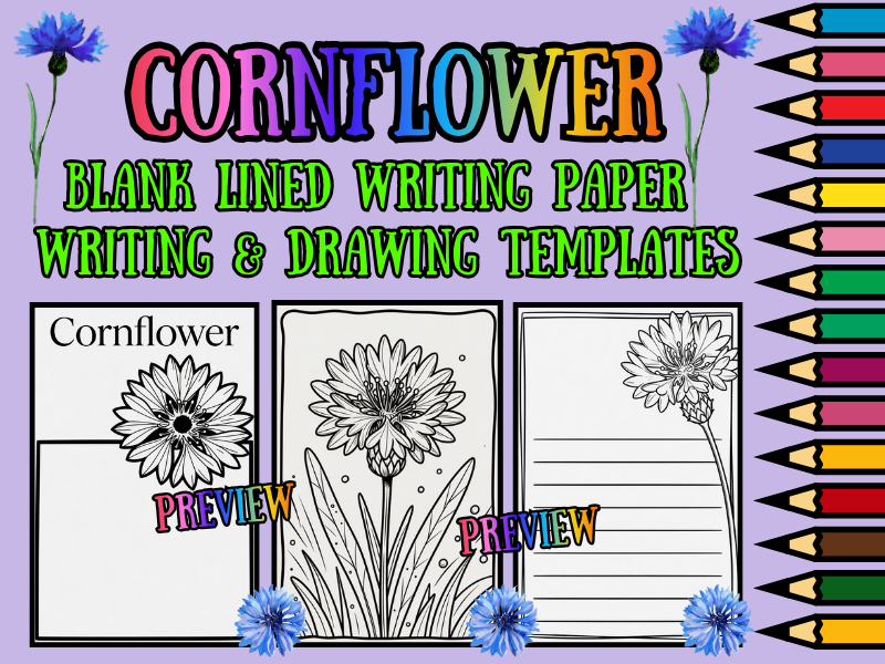 Cornflower Coloring Pages & Blank Lined Writing Paper Templates NO PREP Set
