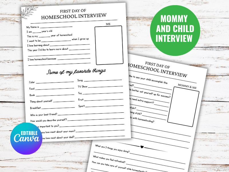 First Day of Homeschool Interview, All About Me and Mommy Worksheet, Back to School Questionnaire