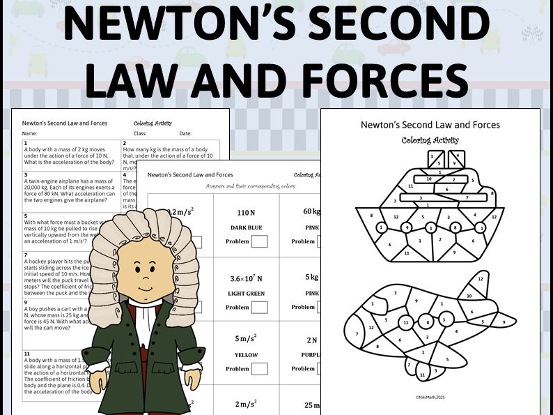 Newton's Second Law and Forces - Coloring Activity + typed solutions
