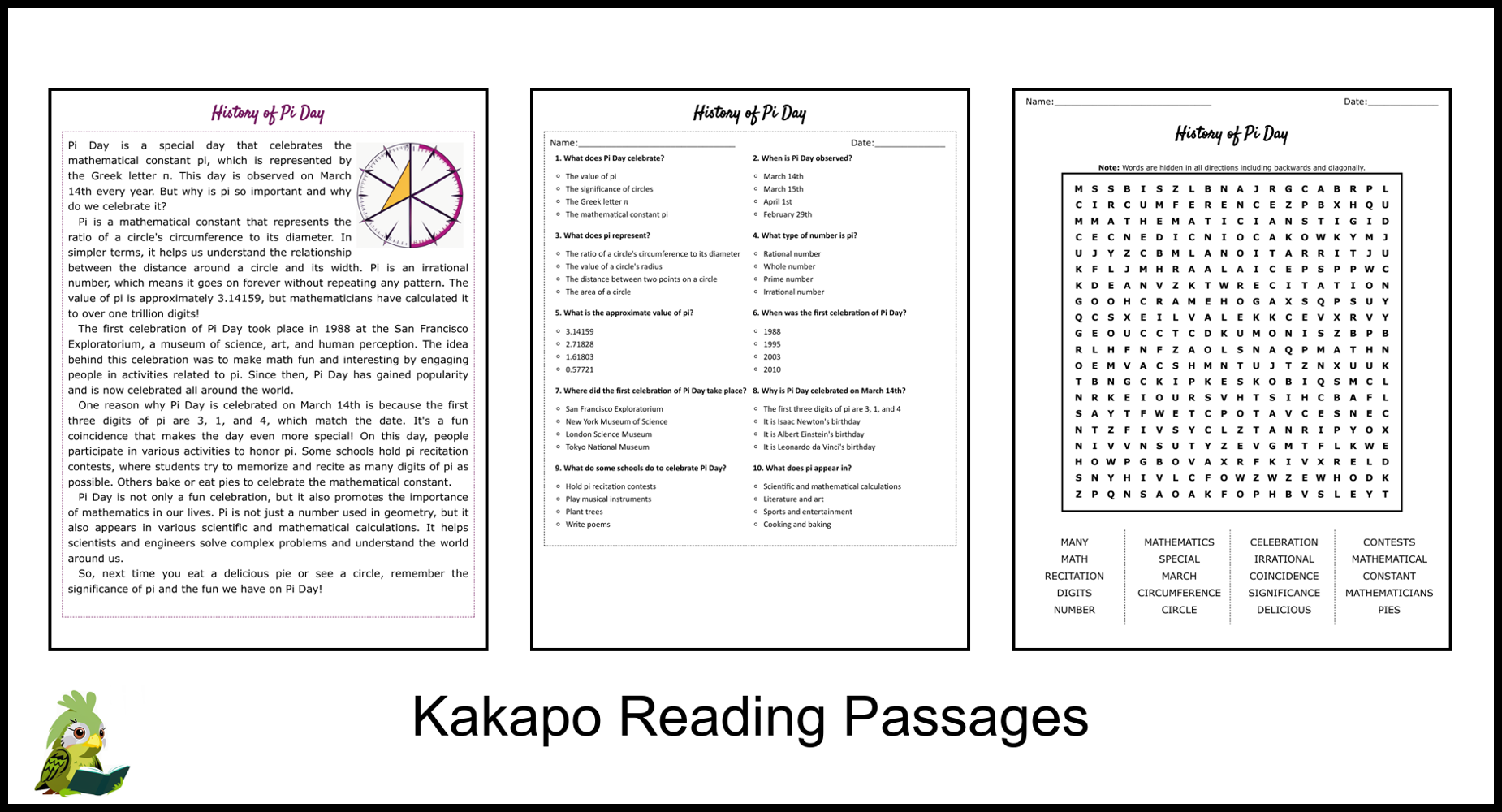 History of Pi Day Reading Comprehension and Word Search Teaching