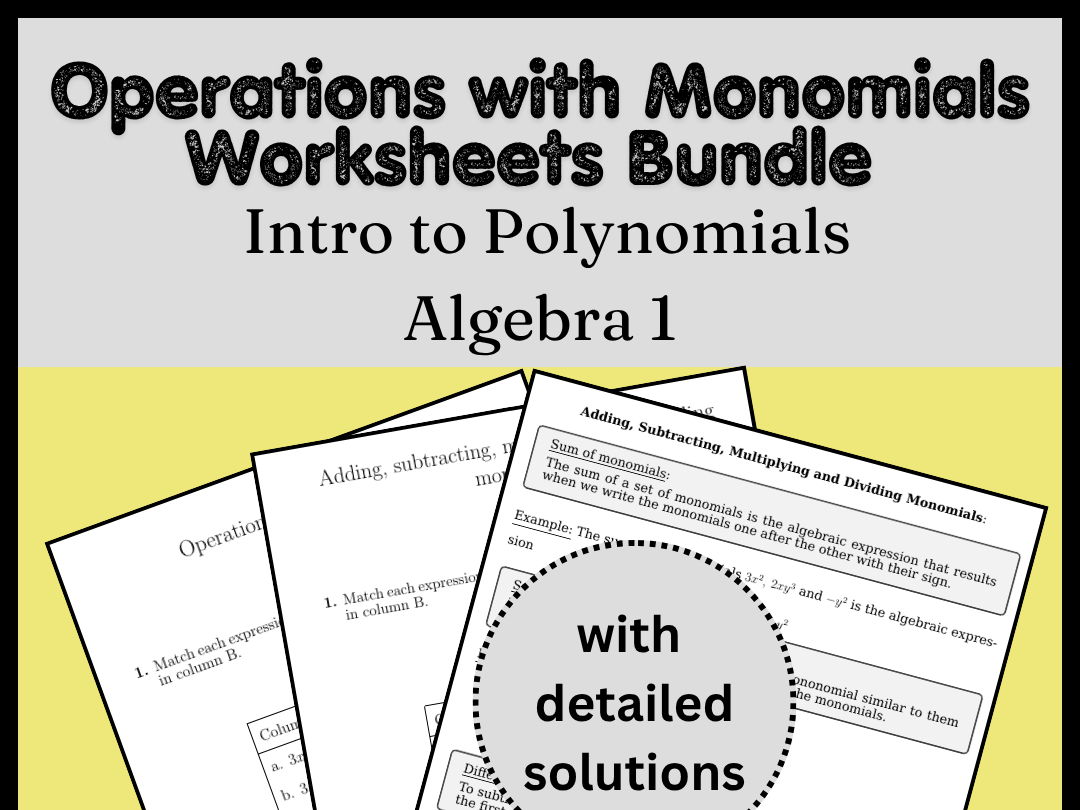 Operations with Monomials Worksheets Bundle | Intro to Polynomials | Algebra 1