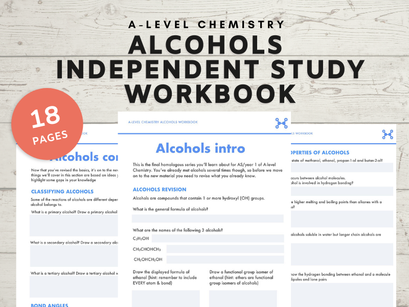ALevel Chemistry Alcohols independent study workbook Teaching Resources