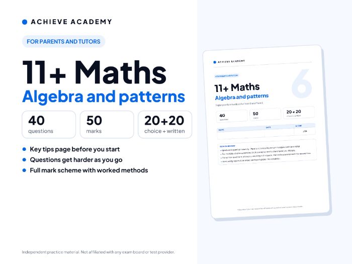 11+ Maths Topic Booklet: Algebra and patterns – Year 5/6 Practice with Mark Scheme