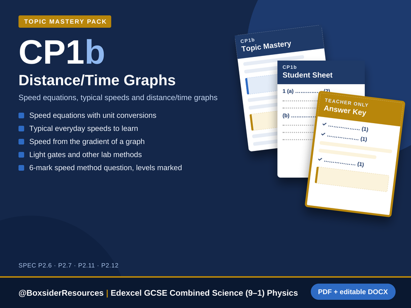 CP1b Distance/Time Graphs | Edexcel GCSE Combined Science Physics Topic Mastery Pack