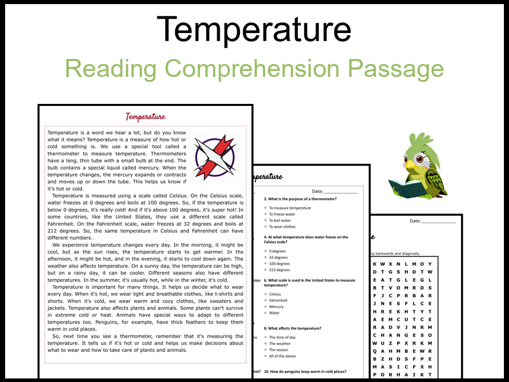 Temperature Reading Comprehension and Word Search Teaching Resources