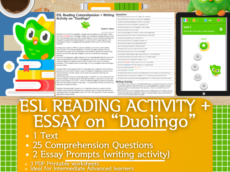 ESL Reading Comprehension + Writing Activity Worksheets - Duolingo - App