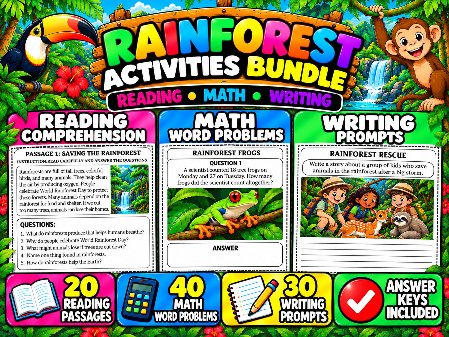Rainforest Activities Bundle | Reading Comprehension, Math Word Problems & Writing Prompts