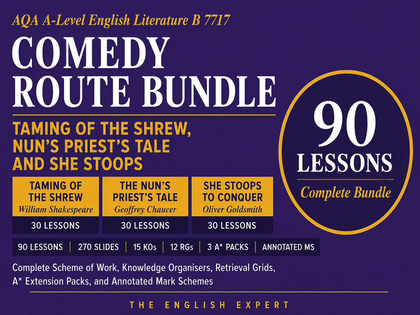 AQA A-Level English Literature B 7717 | Comedy Route Bundle | Taming of the Shrew, Nun’s Priest’s Tale and She Stoops