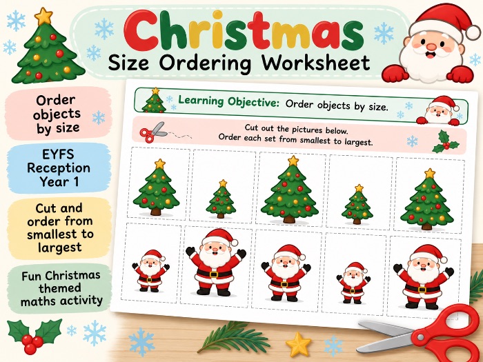 Christmas Size ordering Worksheeet | Smallest to Largest | EYFS & KS1 Maths