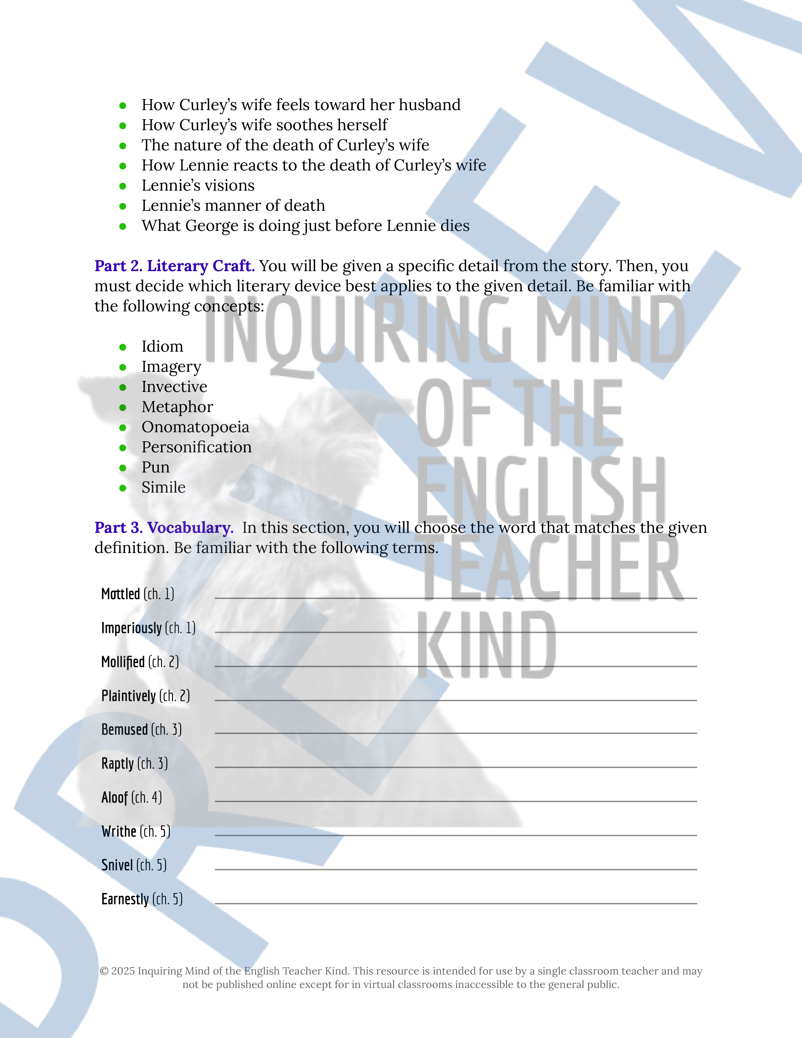 Of Mice and Men by John Steinbeck Test, Answer Key, and Study Guide ...