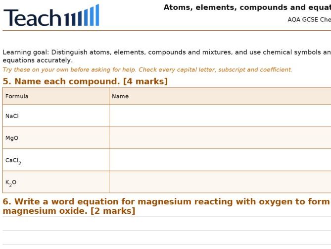 AQA GCSE Chemistry Atomic Structure and Periodic Table Worksheets & Answers