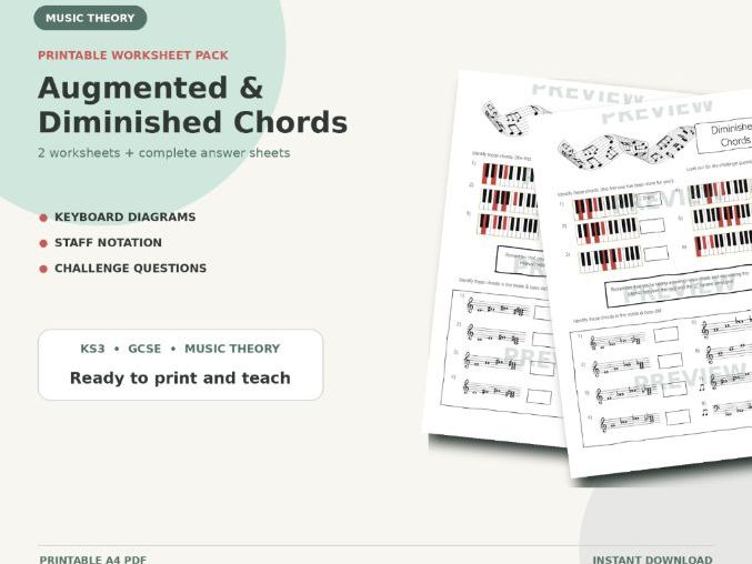 Augmented and Diminished Chords Worksheet Pack | Printable Music Theory Activities PDF