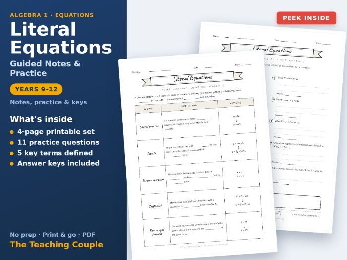 Literal Equations Guided Notes & Practice | Years 9-12