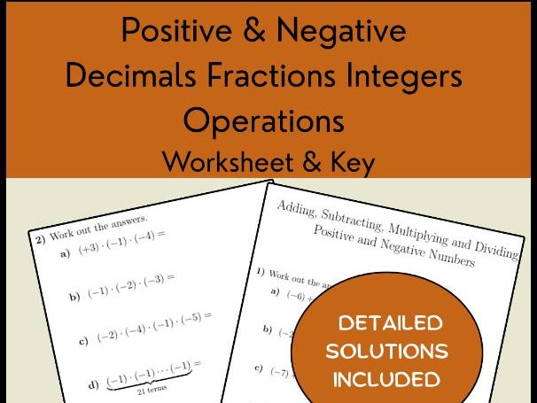 Positive & Negative Decimals Fractions Integers Operations Worksheet & Key