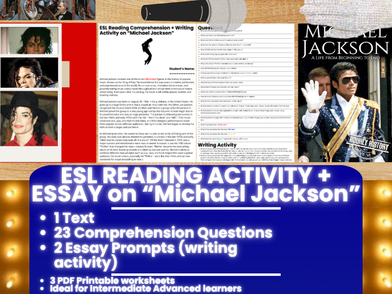 ESL Reading Comprehension + Writing Activity Worksheets - Michael Jackson