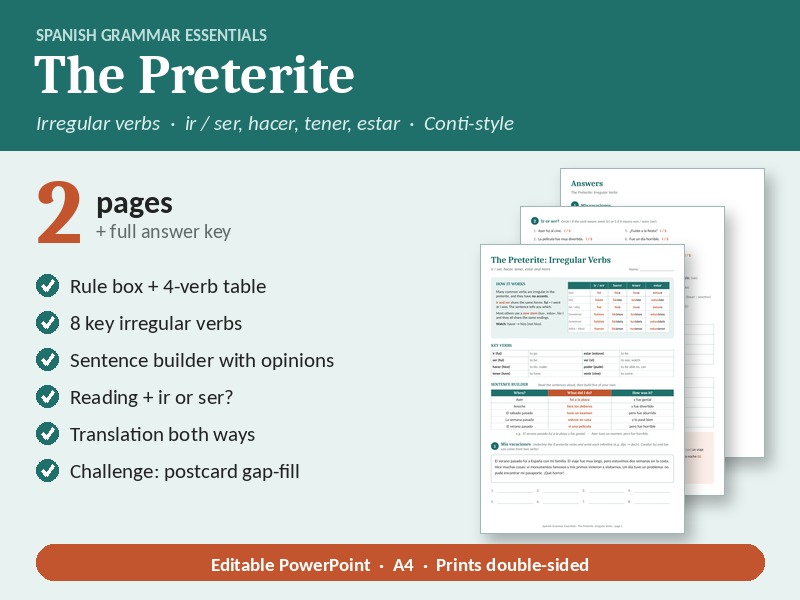 Spanish Preterite Tense Irregular Verbs: Conti-Style Worksheet