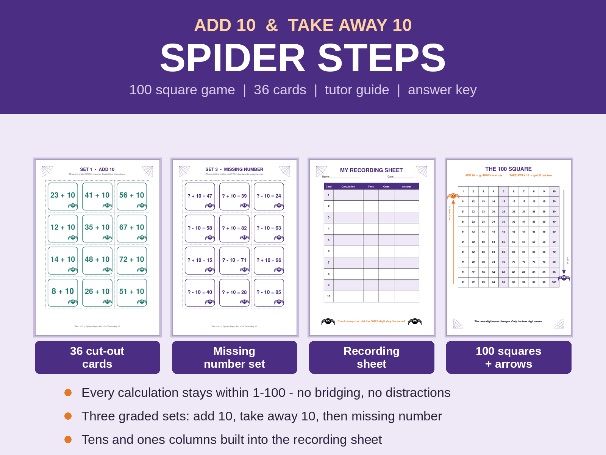 Add & Subtract 10 | Spider 100 Square Game, Cards & Tutor Guide | Place Value Intervention