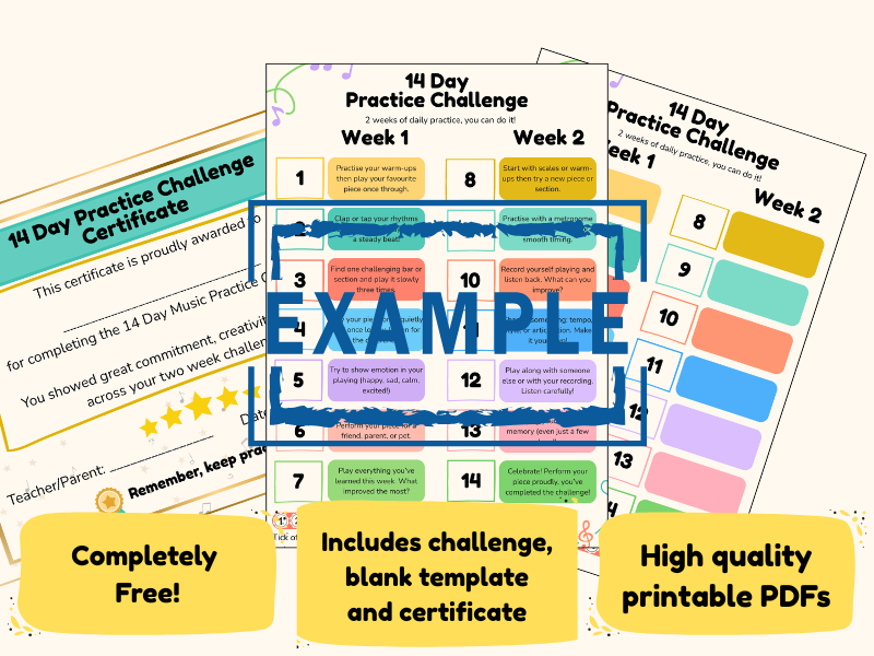 14-Day Music Practice Challenge Pack: Practice Tracker, Blank Template & Editable Certificate