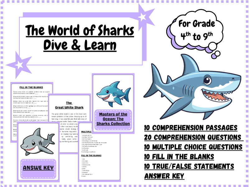 The World of Sharks – Reading Passages, Worksheets & Activities with Answer Key (Grade(Grades  4–9)