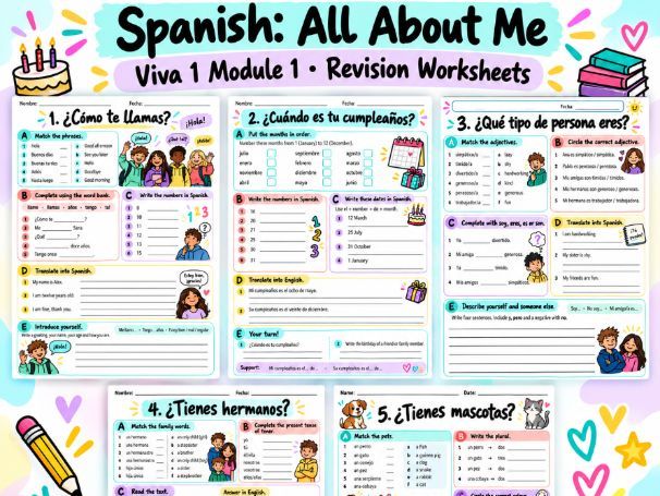 SSpanish Revision Worksheets | Viva 1 Module 1 | Personal Information, Family & Pets