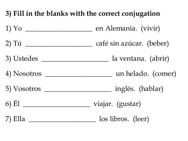 Spanish Regular Verbs -AR, -ER , -IR present tense worksheet