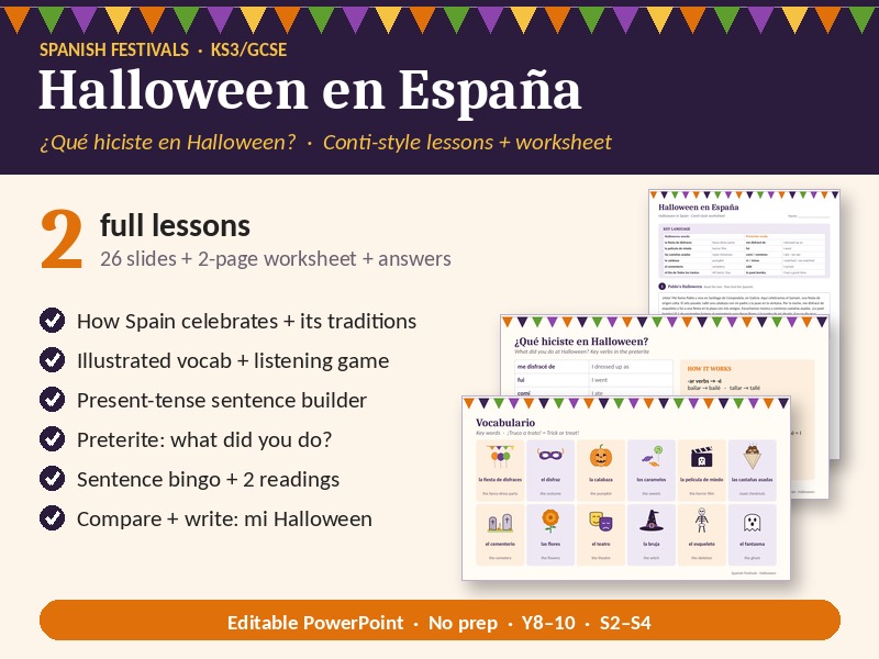 Halloween en España Conti Style: 2 Spanish Lessons + Worksheet (KS3/GCSE)