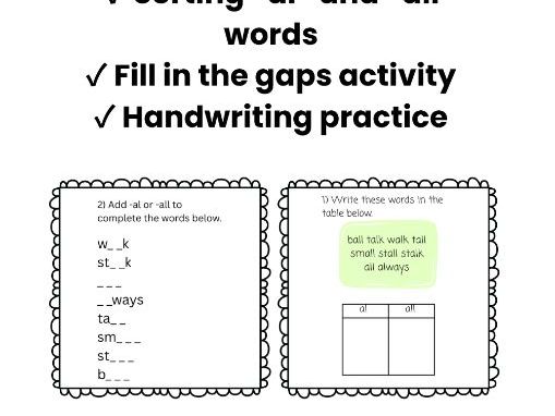 Year 2 Spelling – “al” and “all” Worksheets (+ Handwriting Practice)