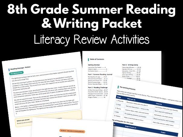 8th Grade Summer Reading & Writing Packet | Literacy Review Activities