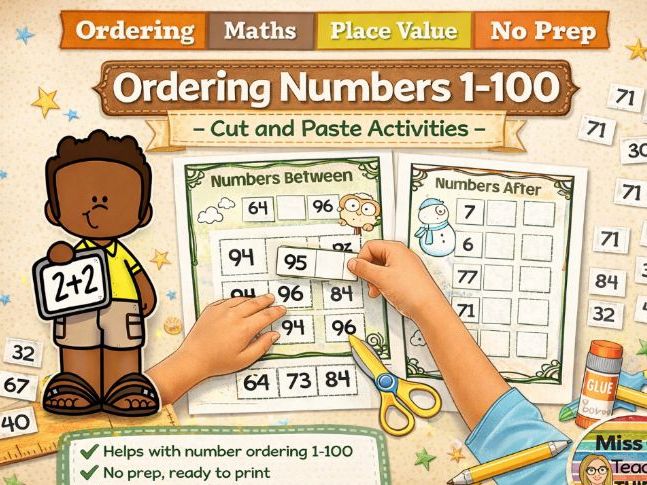 Ordering Numbers to 100 (Cut and Paste) Worksheets, Printables, Activities