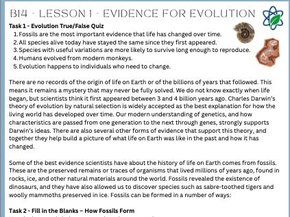 B14/L1 - Evidence for Evolution Lesson Worksheet With Answers/GCSE/AQA/Combined Science