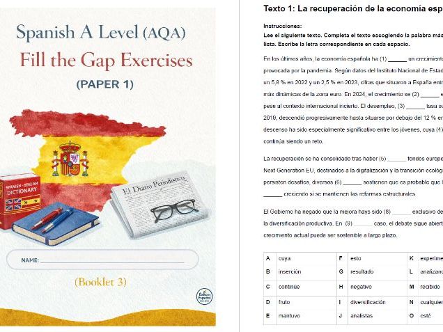 Spanish A Level Fill the Gap 18 Exercises + Answers (booklet * 3 *)