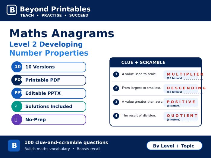 Maths Anagrams Level 2 Number Properties | Vocabulary Retrieval PDF + PowerPoint