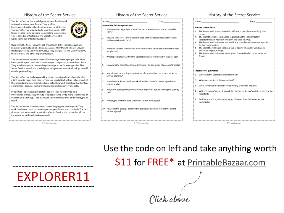 History of the Secret Service Reading Comprehension Passage Printable ...