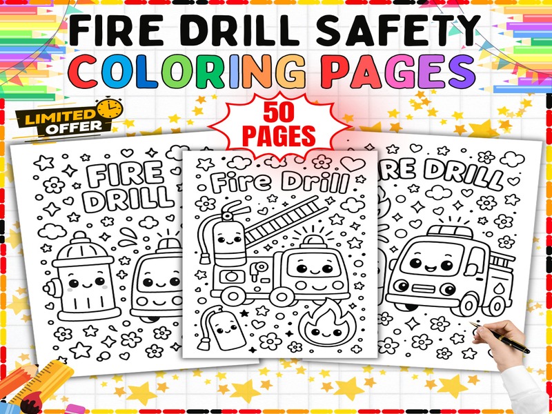 Fire Safety Coloring Sheets | 50 Page Coloring Sheets | Trucks Extinguishers and Flames
