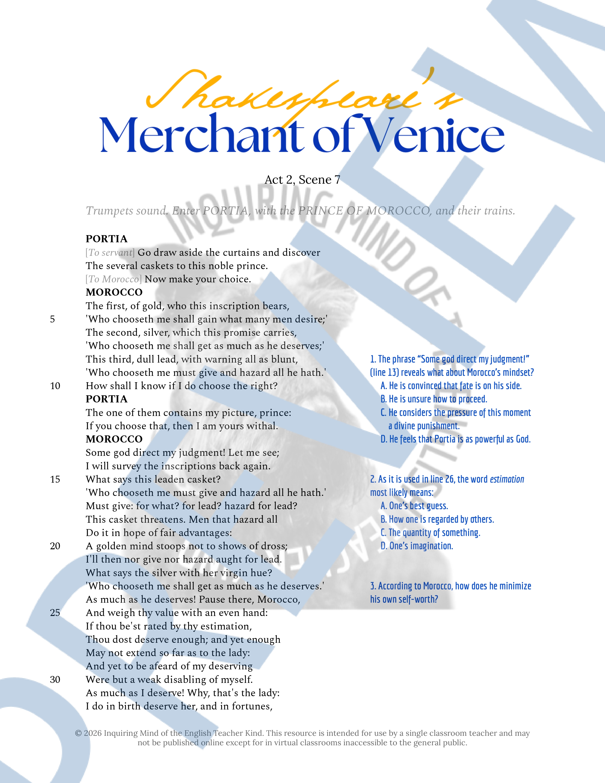 The Merchant of Venice Act 2 Scene 7 Close Reading Analysis Worksheet ...