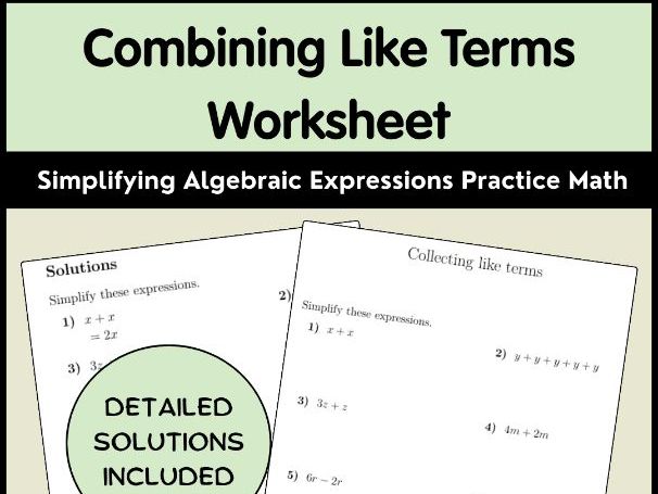 Combining Like Terms Worksheet Simplifying Algebraic Expressions Practice Math