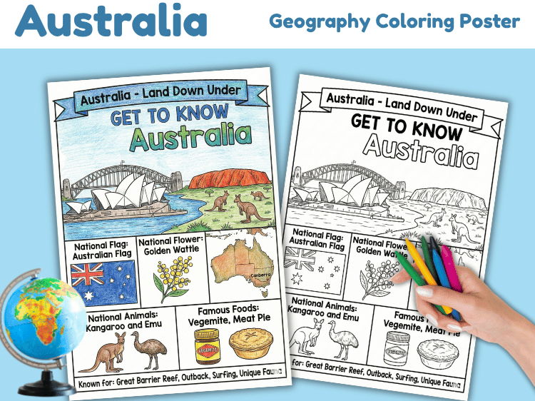 Australia Geography Coloring Poster | Country Facts & Landmarks