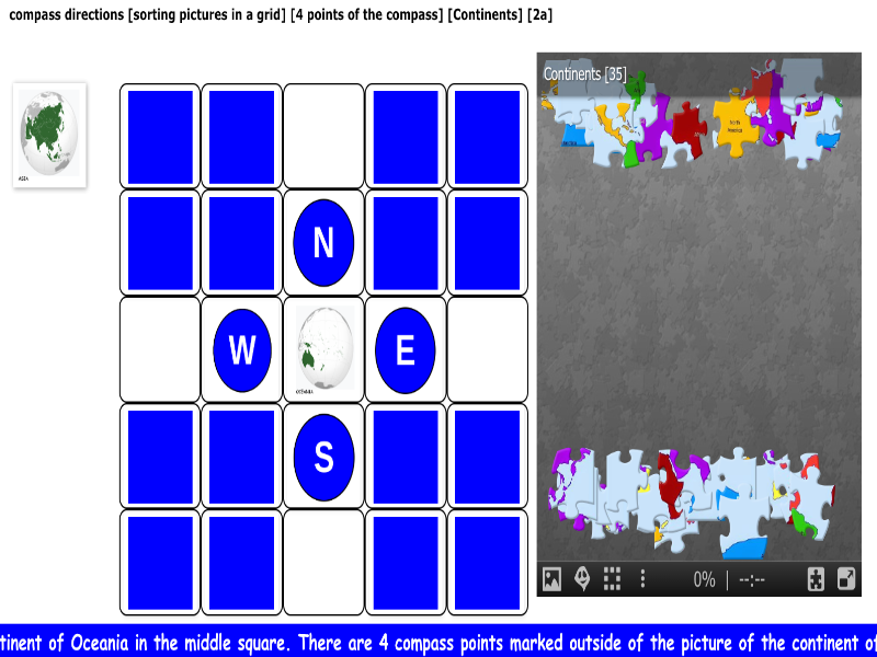 compass directions [sorting pictures in a grid] [4 points of the compass] [Continents] [2a]
