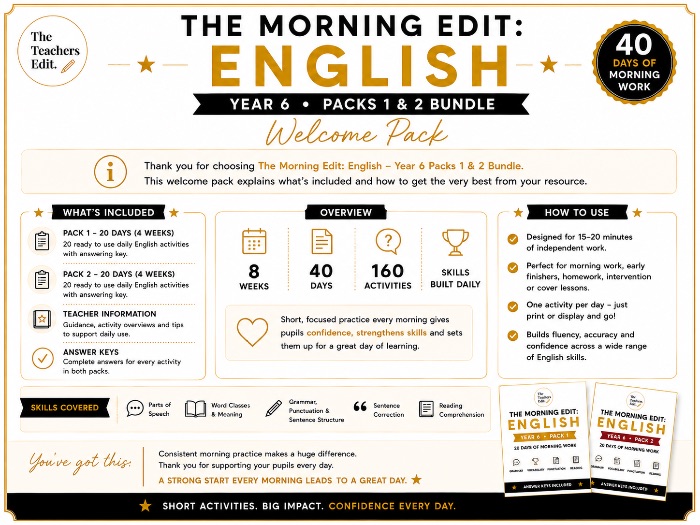 THE MORNING EDIT: ENGLISH YEAR 6 • PACKS 1 & 2 BUNDLE 8 Weeks • 40 Days of Morning Work
