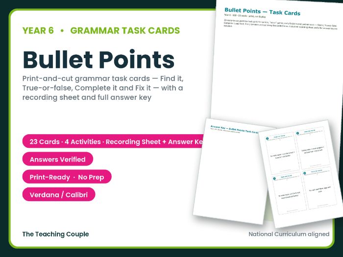 Year 6 Bullet Points Task Cards – 23 Grammar Cards + Answer Key